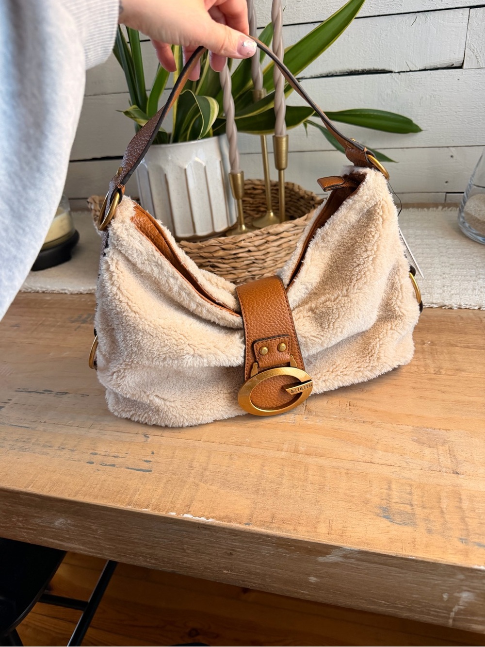 GUESS NWT Beige Faux-Shearling Shoulder Bag with Tan Leather Accents
